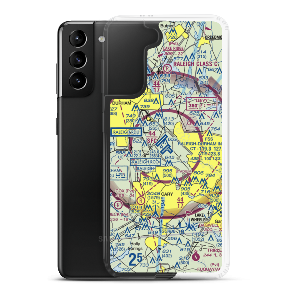 Raleigh Durham International Airport (RDU) VFR Sectional Samsung Case Samsung Galaxy S21 Plus model shown