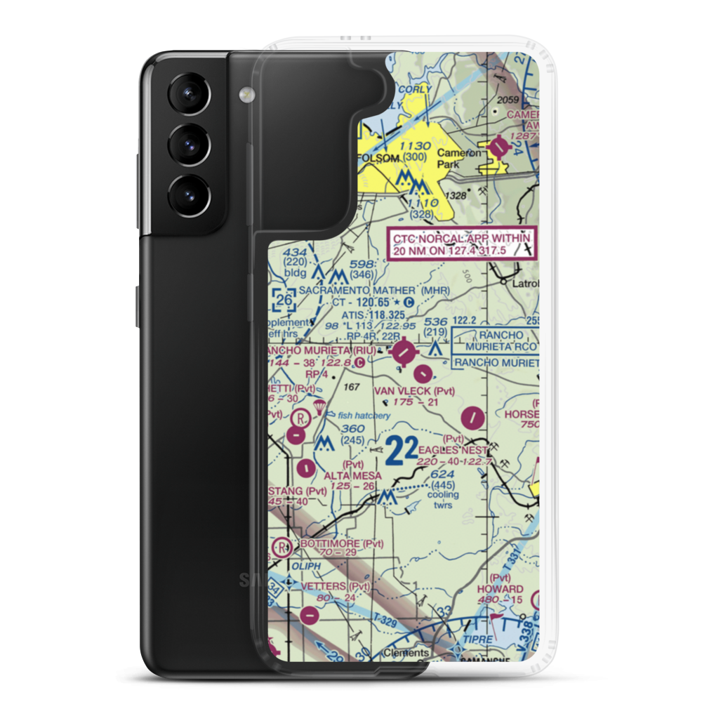 Rancho Murieta Airport (RIU) VFR Sectional Samsung Case Samsung Galaxy S21 Plus model shown
