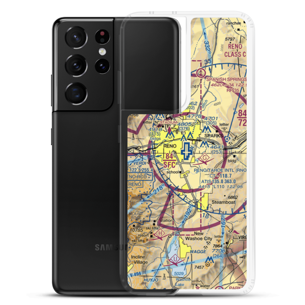 Reno Tahoe International Airport (RNO) VFR Sectional Samsung Case Samsung Galaxy S21 Ultra model shown
