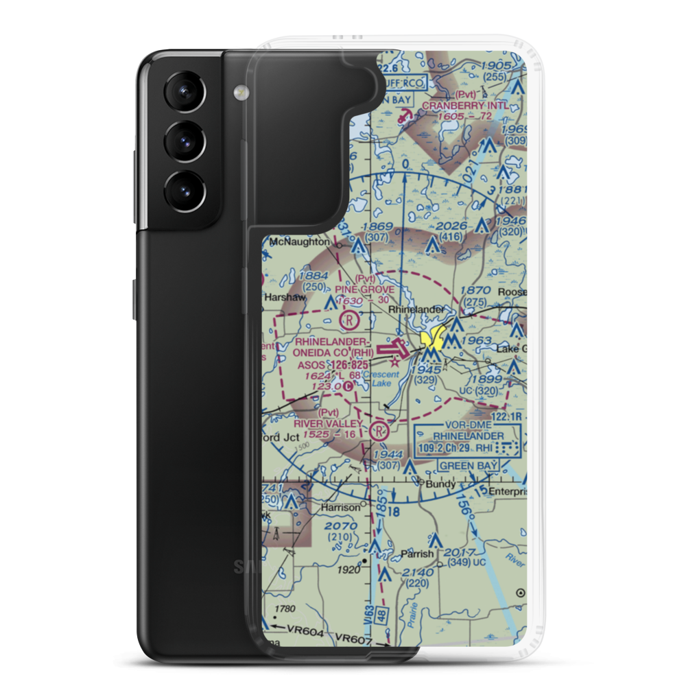 Rhinelander Oneida County Airport (RHI) VFR Sectional Samsung Case Samsung Galaxy S21 Plus model shown