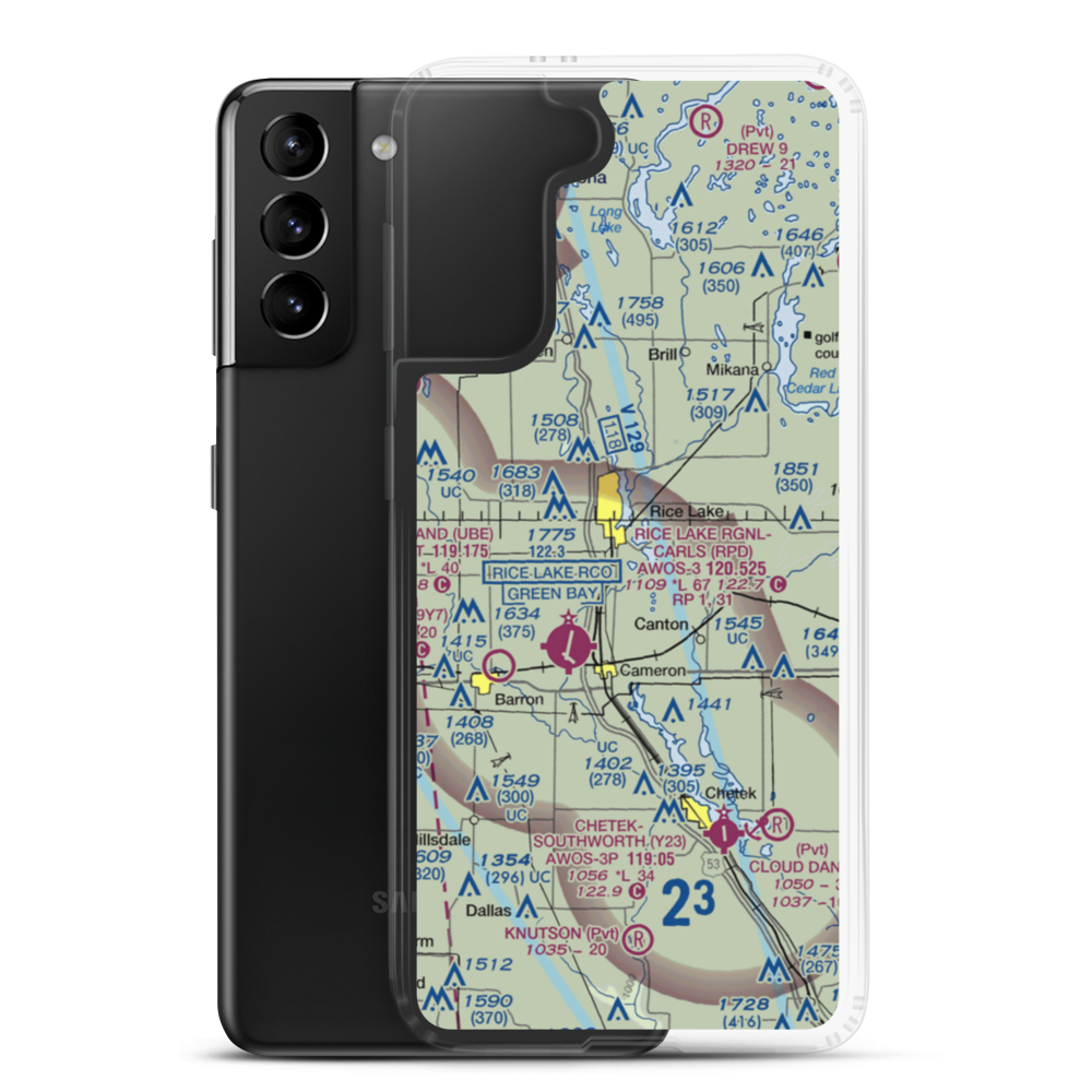 Rice Lake Airport (KRIE) VFR Sectional Samsung Case Samsung Galaxy S21 Plus model shown