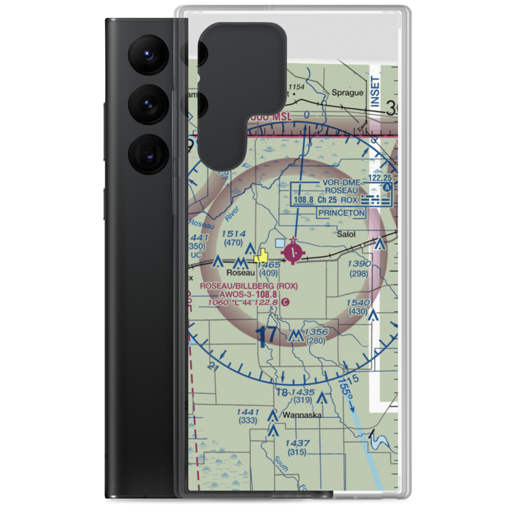 Roseau Municipal Rudy Billberg Field (ROX) VFR Sectional Samsung Case Samsung Galaxy S22 Ultra model shown