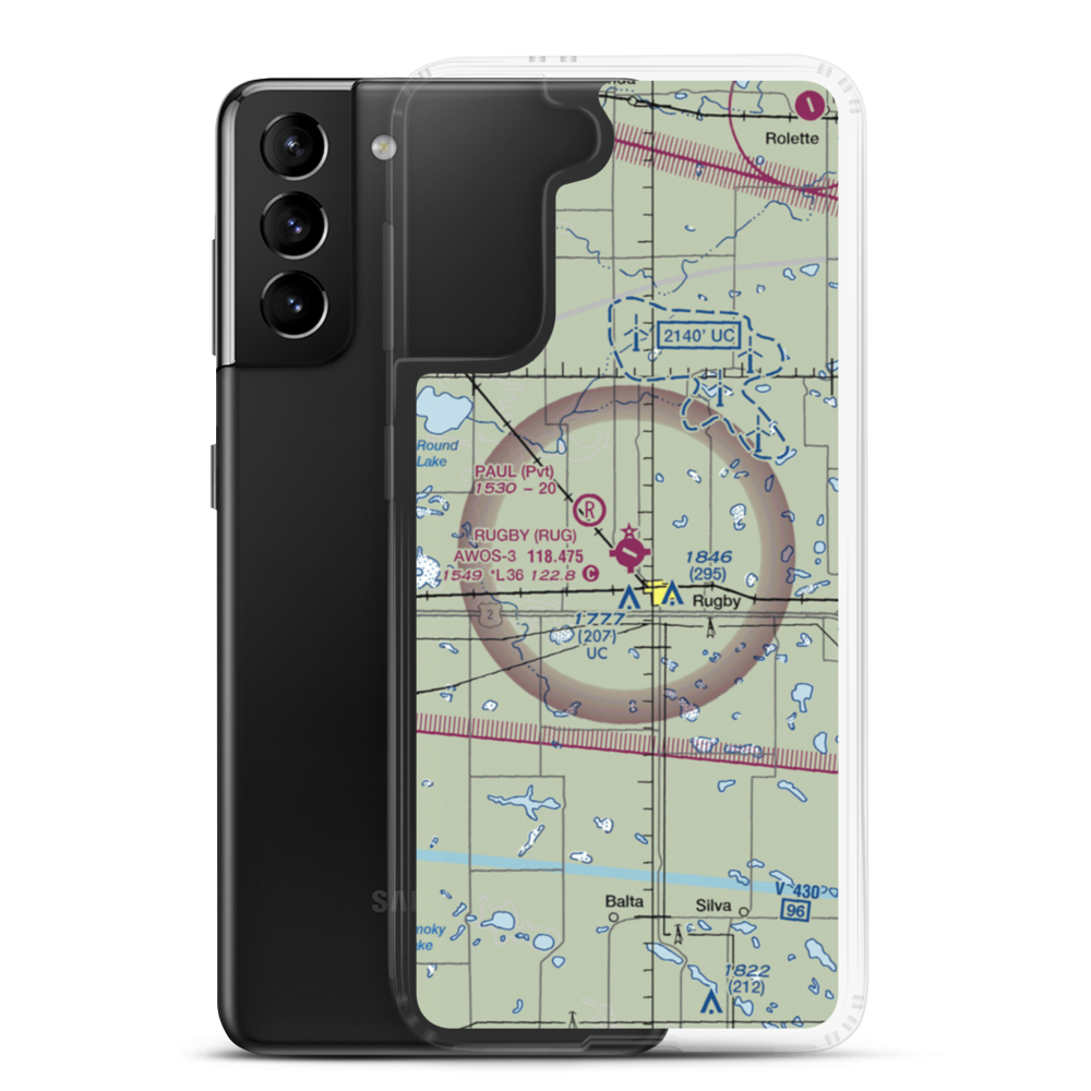Rugby Municipal Airport (RUG) VFR Sectional Samsung Case Samsung Galaxy S21 Plus model shown