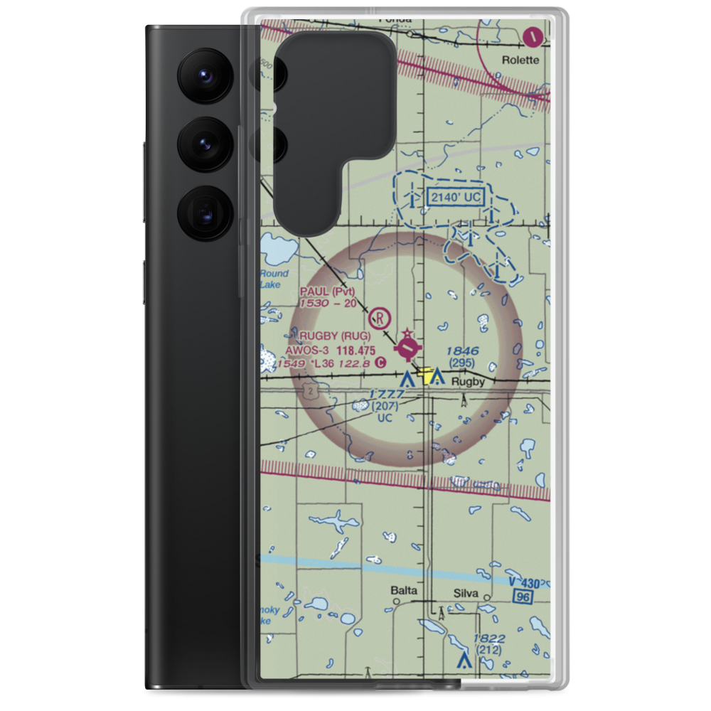 Rugby Municipal Airport (RUG) VFR Sectional Samsung Case Samsung Galaxy S22 Ultra model shown