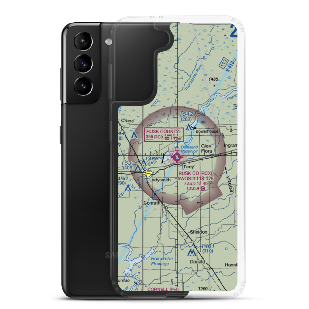 Rusk County Airport (RCX) VFR Sectional Samsung Case Samsung Galaxy S21 Plus model shown