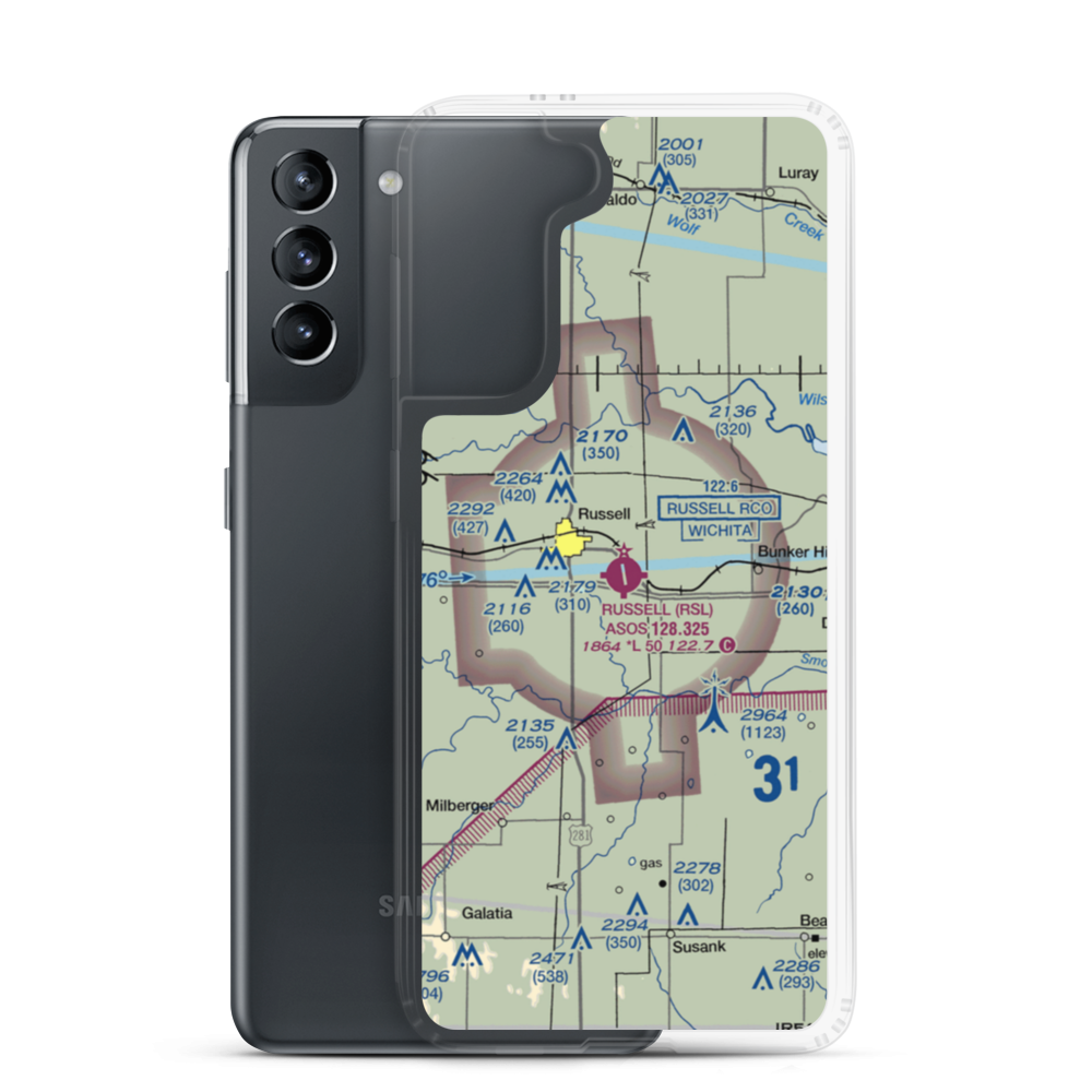Russell Municipal Airport (RSL) VFR Sectional Samsung Case Samsung Galaxy S21 model shown