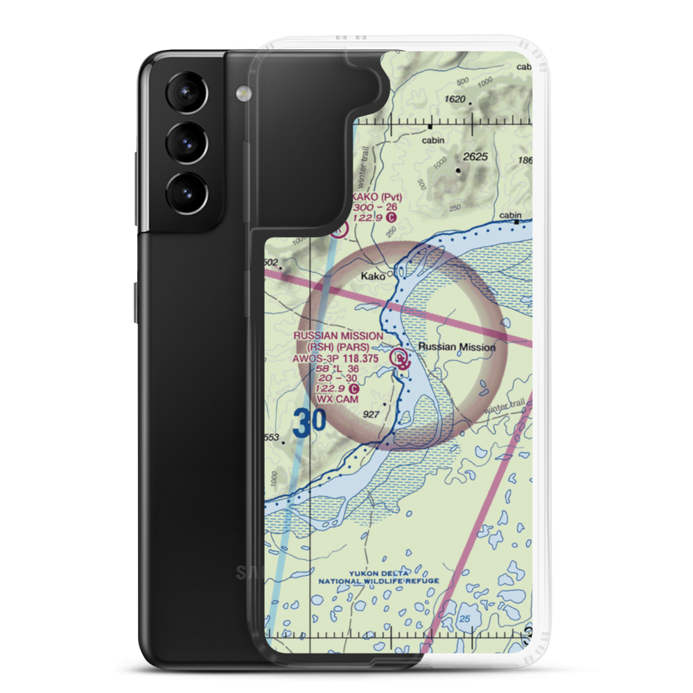 Russian Mission Airport (RSH) VFR Sectional Samsung Case Samsung Galaxy S21 Plus model shown