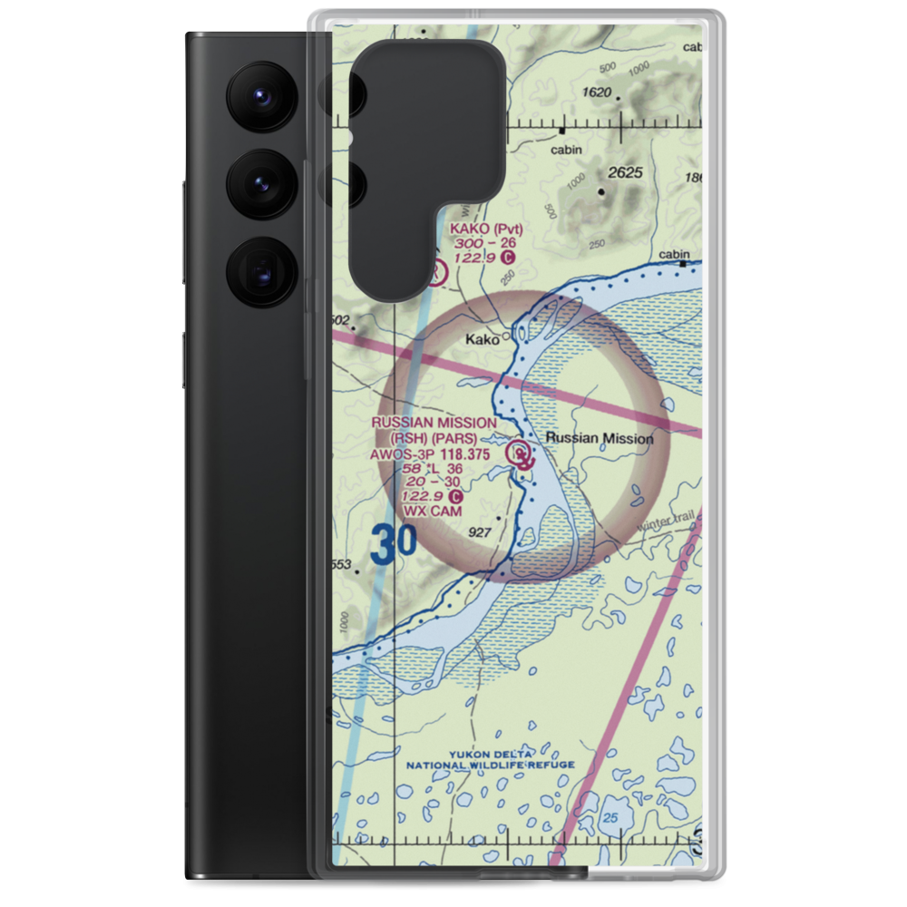 Russian Mission Airport (RSH) VFR Sectional Samsung Case Samsung Galaxy S22 Ultra model shown