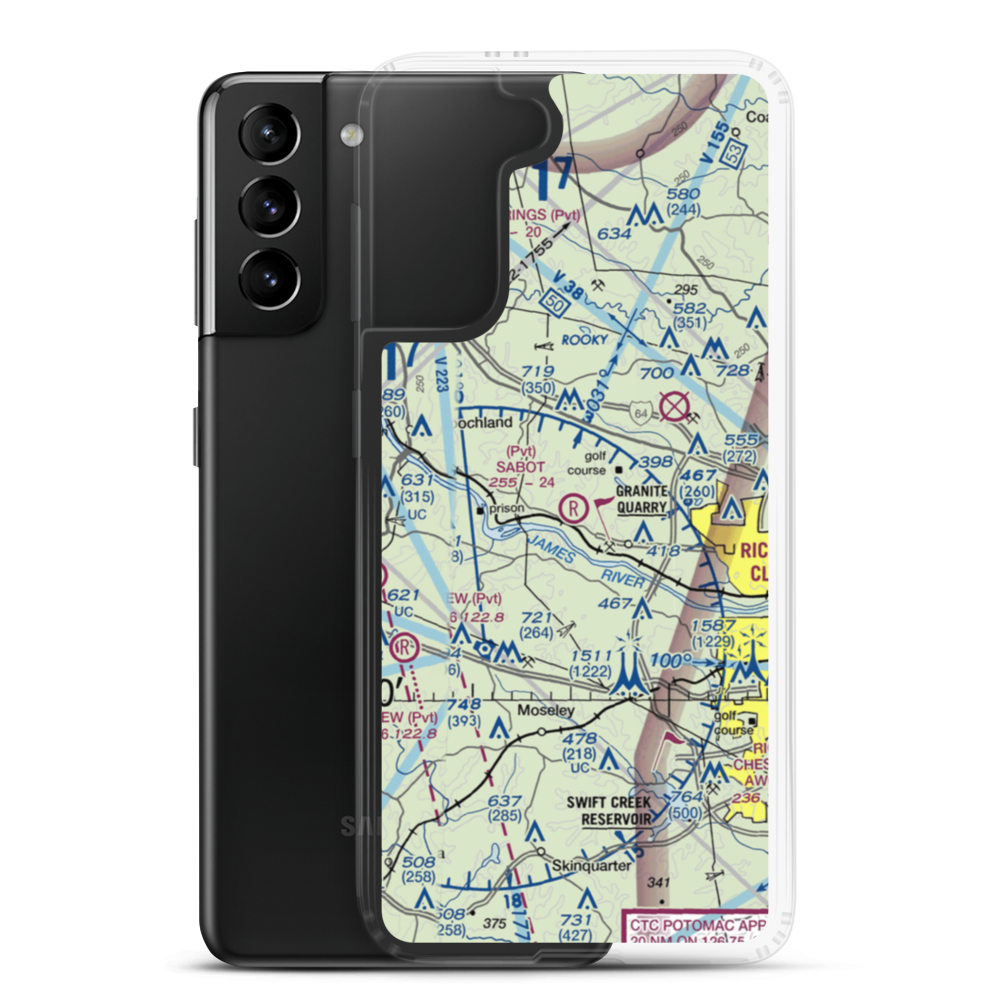 Sabot Airport (1VA0) VFR Sectional Samsung Case Samsung Galaxy S21 Plus model shown