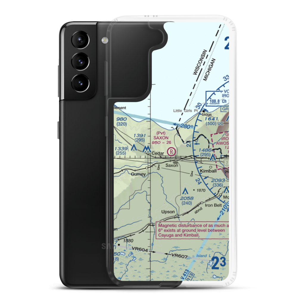 Saxon Airport (6WI4) VFR Sectional Samsung Case Samsung Galaxy S21 Plus model shown
