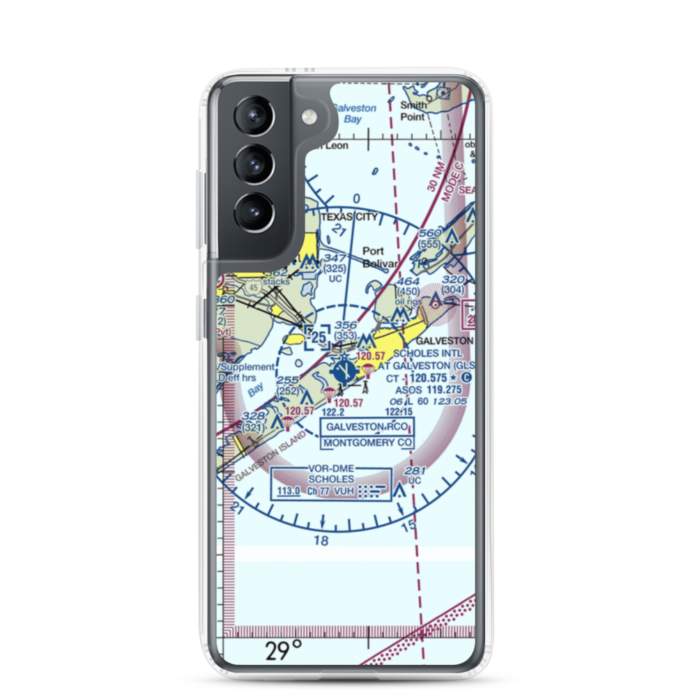 Scholes International At Galveston Airport (GLS) VFR Sectional Samsung Case Samsung Galaxy S21 model shown