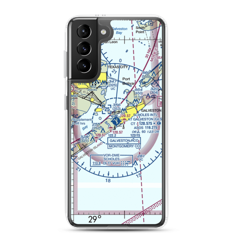 Scholes International At Galveston Airport (GLS) VFR Sectional Samsung Case Samsung Galaxy S21 Plus model shown