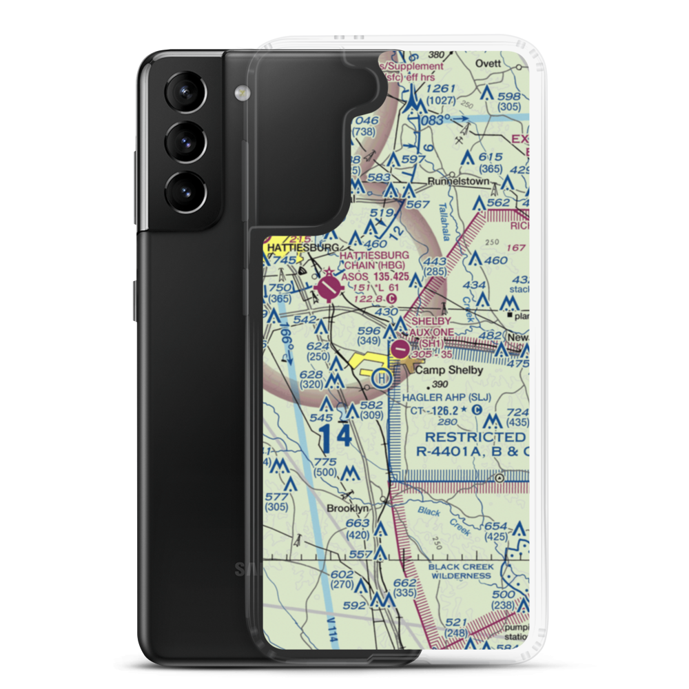 Shelby Auxiliary Field One Airport (SH1) VFR Sectional Samsung Case Samsung Galaxy S21 Plus model shown