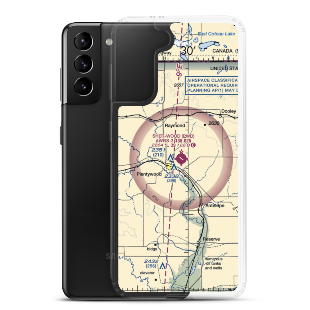 Sher-Wood Airport (PWD) VFR Sectional Samsung Case Samsung Galaxy S21 Plus model shown