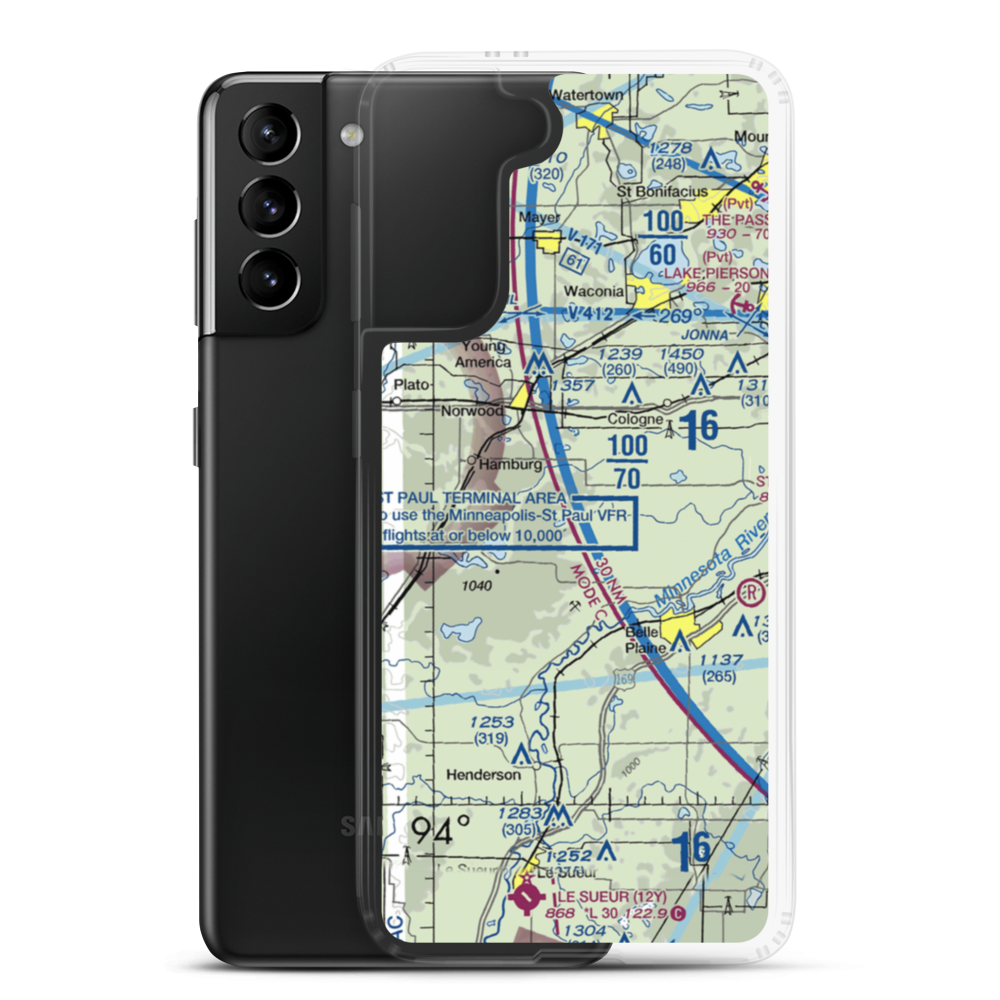 Sons Private-Commercial Airport (47MN) VFR Sectional Samsung Case Samsung Galaxy S21 Plus model shown