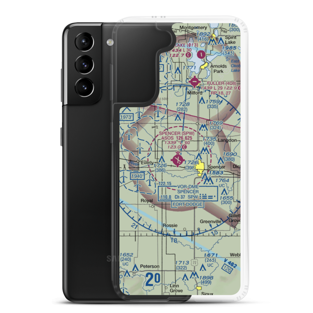 Spencer Municipal Airport (SPW) VFR Sectional Samsung Case Samsung Galaxy S21 Plus model shown