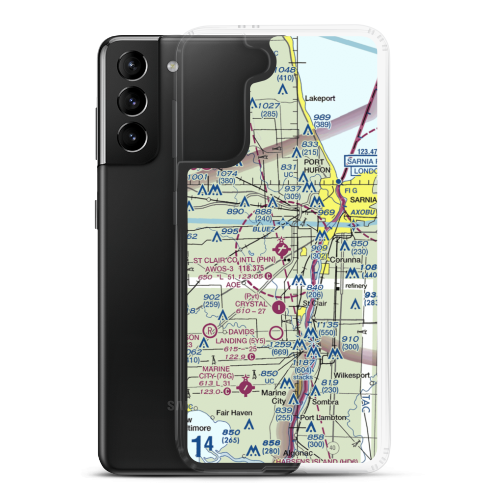St Clair County International Airport (PHN) VFR Sectional Samsung Case Samsung Galaxy S21 Plus model shown
