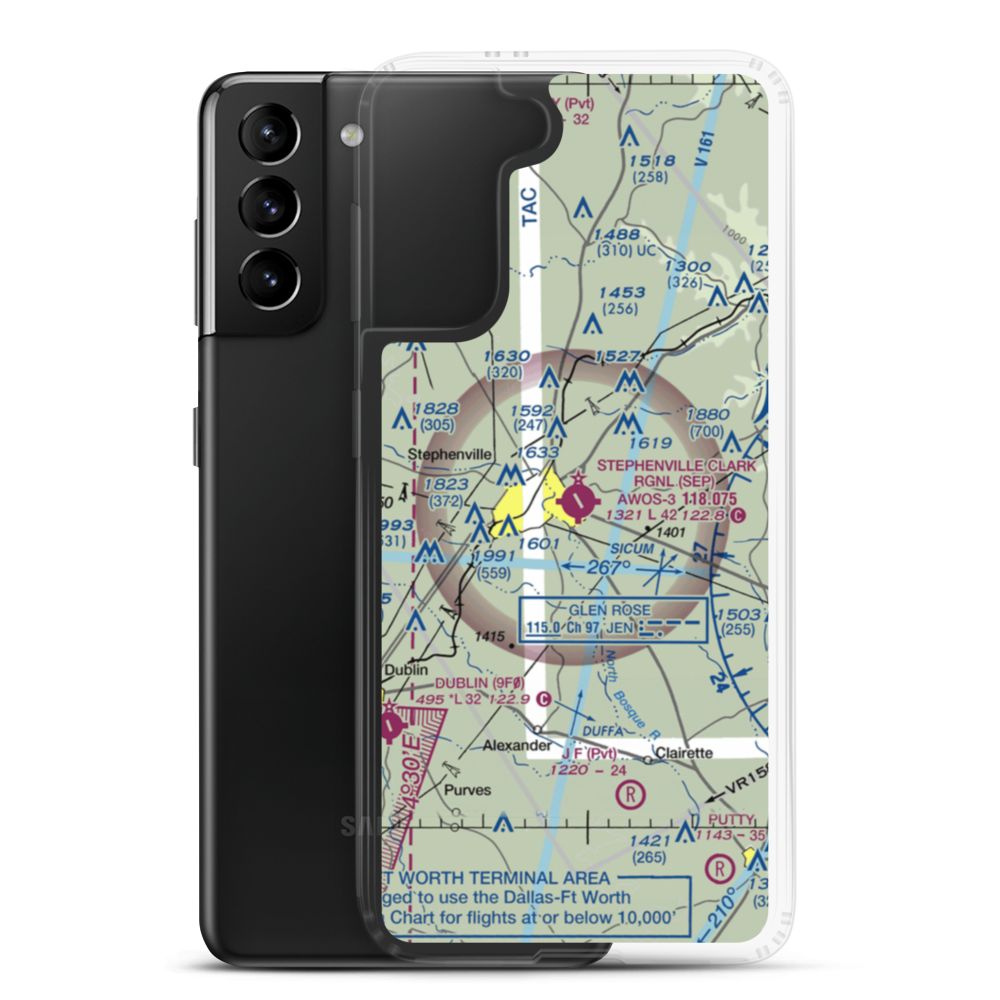 Stephenville Clark Regional Airport (SEP) VFR Sectional Samsung Case Samsung Galaxy S21 Plus model shown