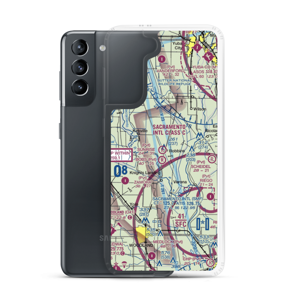 Sunrise Dusters Airport (CA18) VFR Sectional Samsung Case Samsung Galaxy S21 model shown