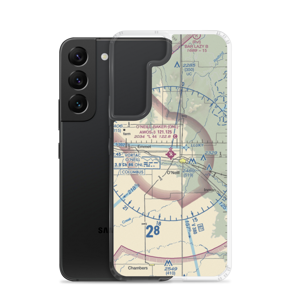 The O'Neill Municipal John L Baker Field (ONL) VFR Sectional Samsung Case Samsung Galaxy S22 model shown