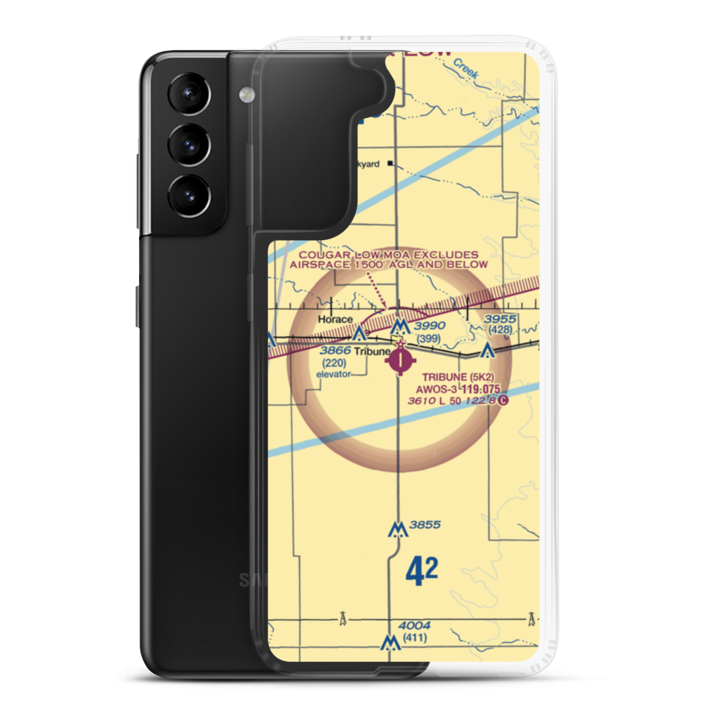Tribune Municipal Airport (5K2) VFR Sectional Samsung Case Samsung Galaxy S21 Plus model shown