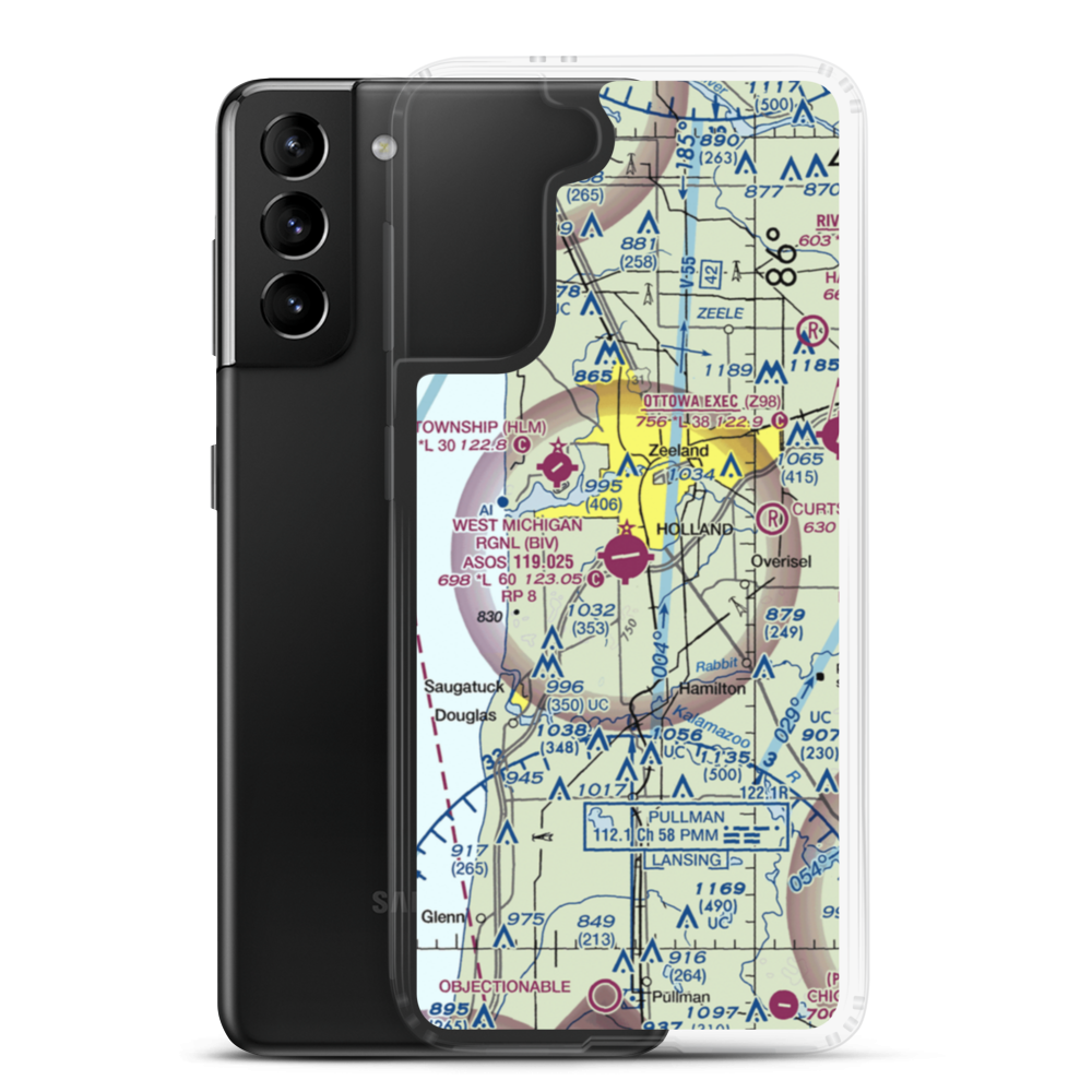 Tulip City Airport (BIV) VFR Sectional Samsung Case Samsung Galaxy S21 Plus model shown