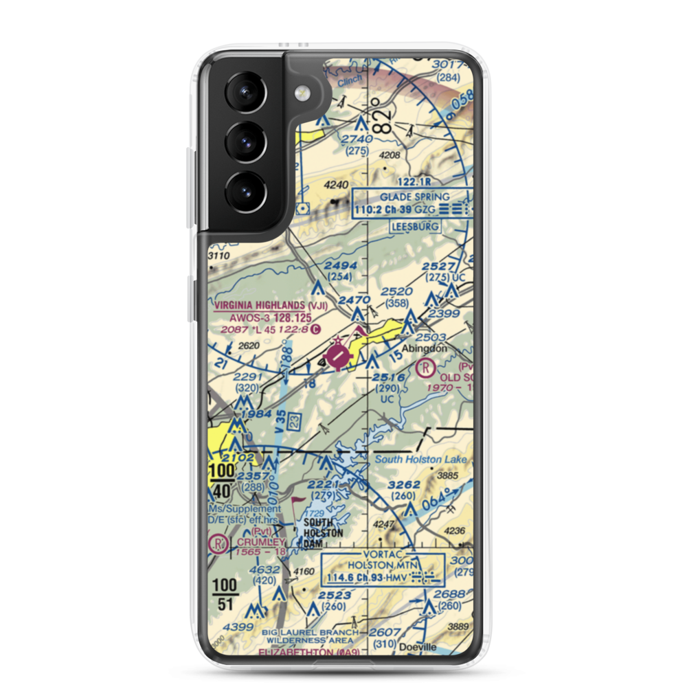 Virginia Highlands Airport (VJI) VFR Sectional Samsung Case Samsung Galaxy S21 Plus model shown