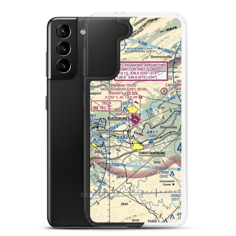 Virginia Tech Montgomery Executive Airport (BCB) VFR Sectional Samsung Case Samsung Galaxy S21 Plus model shown