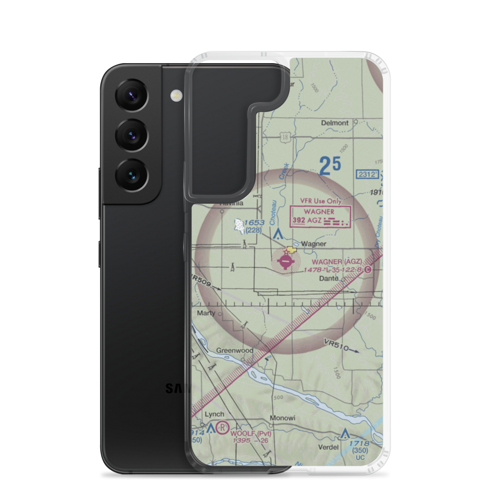 Wagner Municipal Airport (AGZ) VFR Sectional Samsung Case Samsung Galaxy S22 model shown