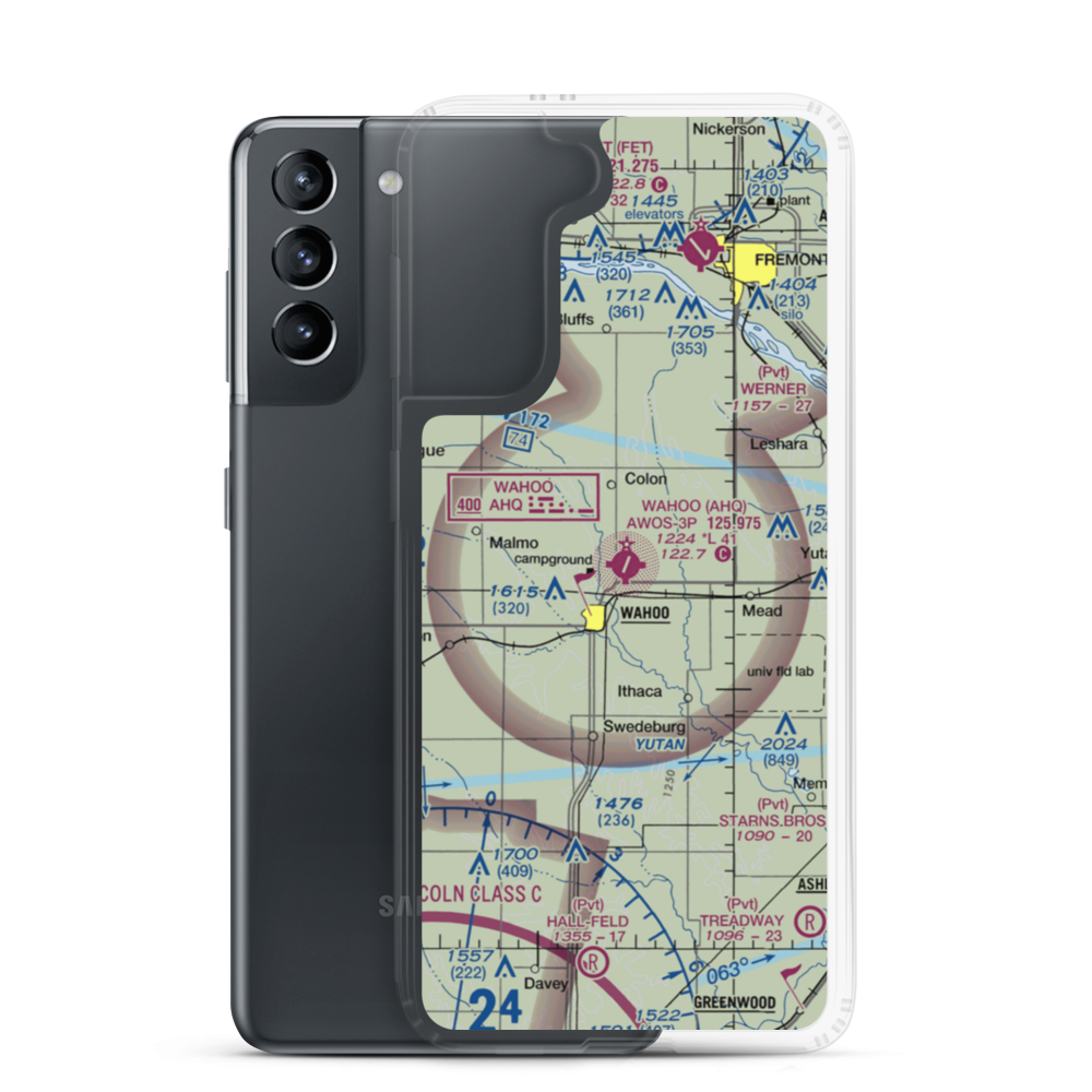 Wahoo Municipal Airport (AHQ) VFR Sectional Samsung Case Samsung Galaxy S21 model shown