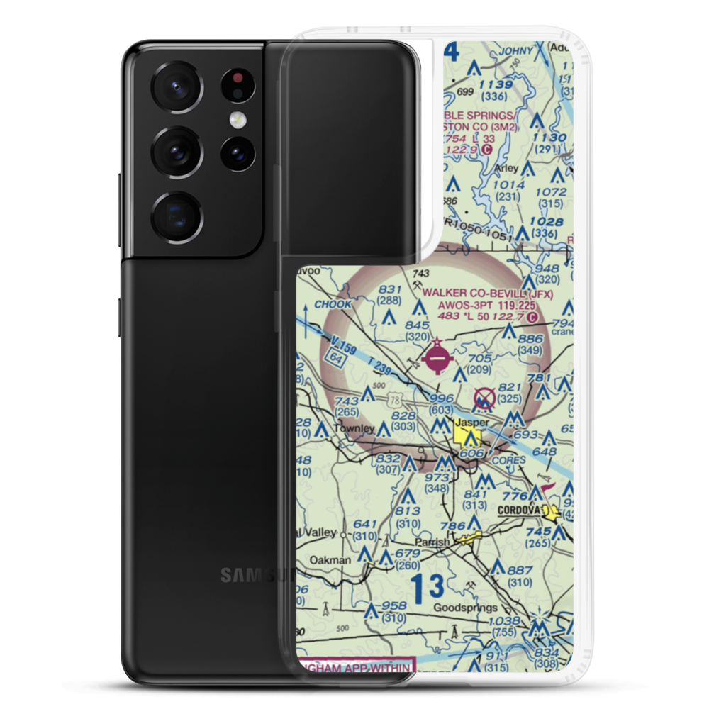 Walker County Airport-Bevill Field (JFX) VFR Sectional Samsung Case Samsung Galaxy S21 Ultra model shown
