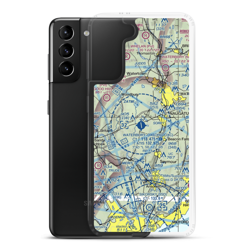 Waterbury Oxford Airport (OXC) VFR Sectional Samsung Case Samsung Galaxy S21 Plus model shown