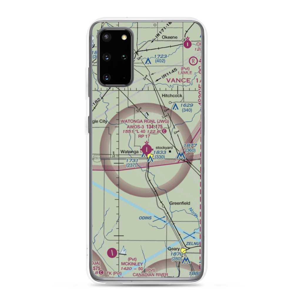 Watonga Regional Airport (JWG) VFR Sectional Samsung Case Samsung Galaxy S20 Plus model shown