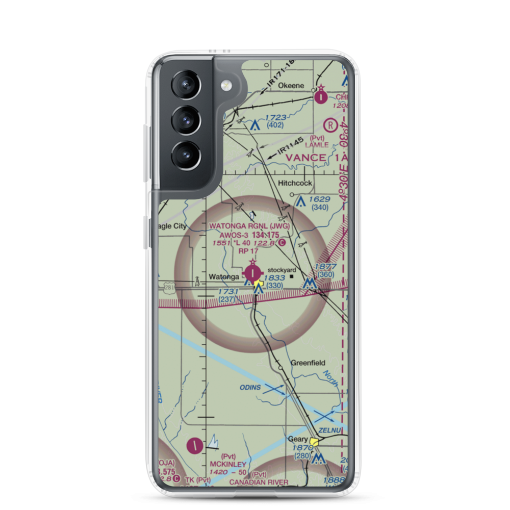 Watonga Regional Airport (JWG) VFR Sectional Samsung Case Samsung Galaxy S21 model shown