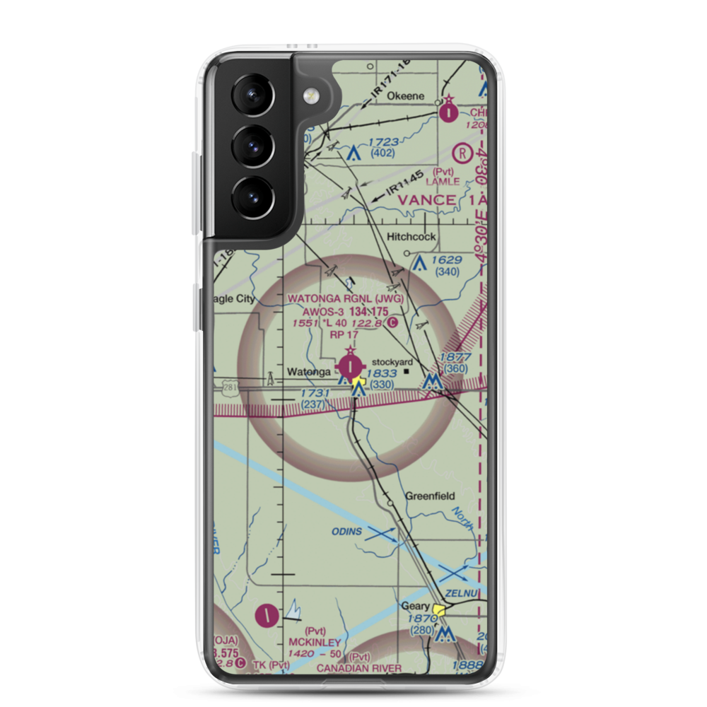 Watonga Regional Airport (JWG) VFR Sectional Samsung Case Samsung Galaxy S21 Plus model shown