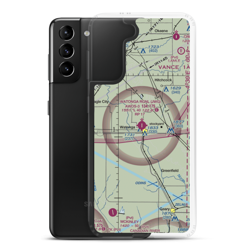 Watonga Regional Airport (JWG) VFR Sectional Samsung Case Samsung Galaxy S21 Plus model shown