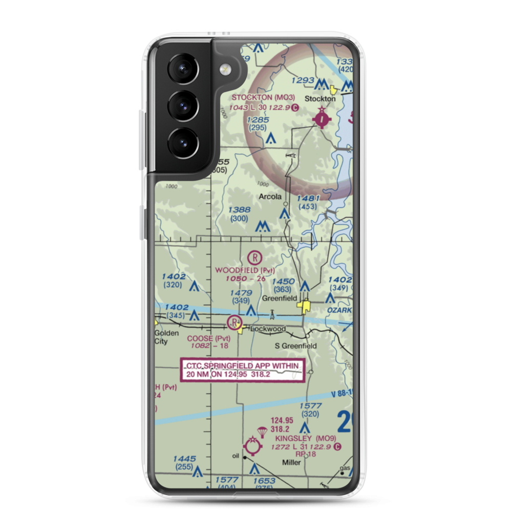 Woodfield Airpark Inc Airport (MU27) VFR Sectional Samsung Case Samsung Galaxy S21 Plus model shown