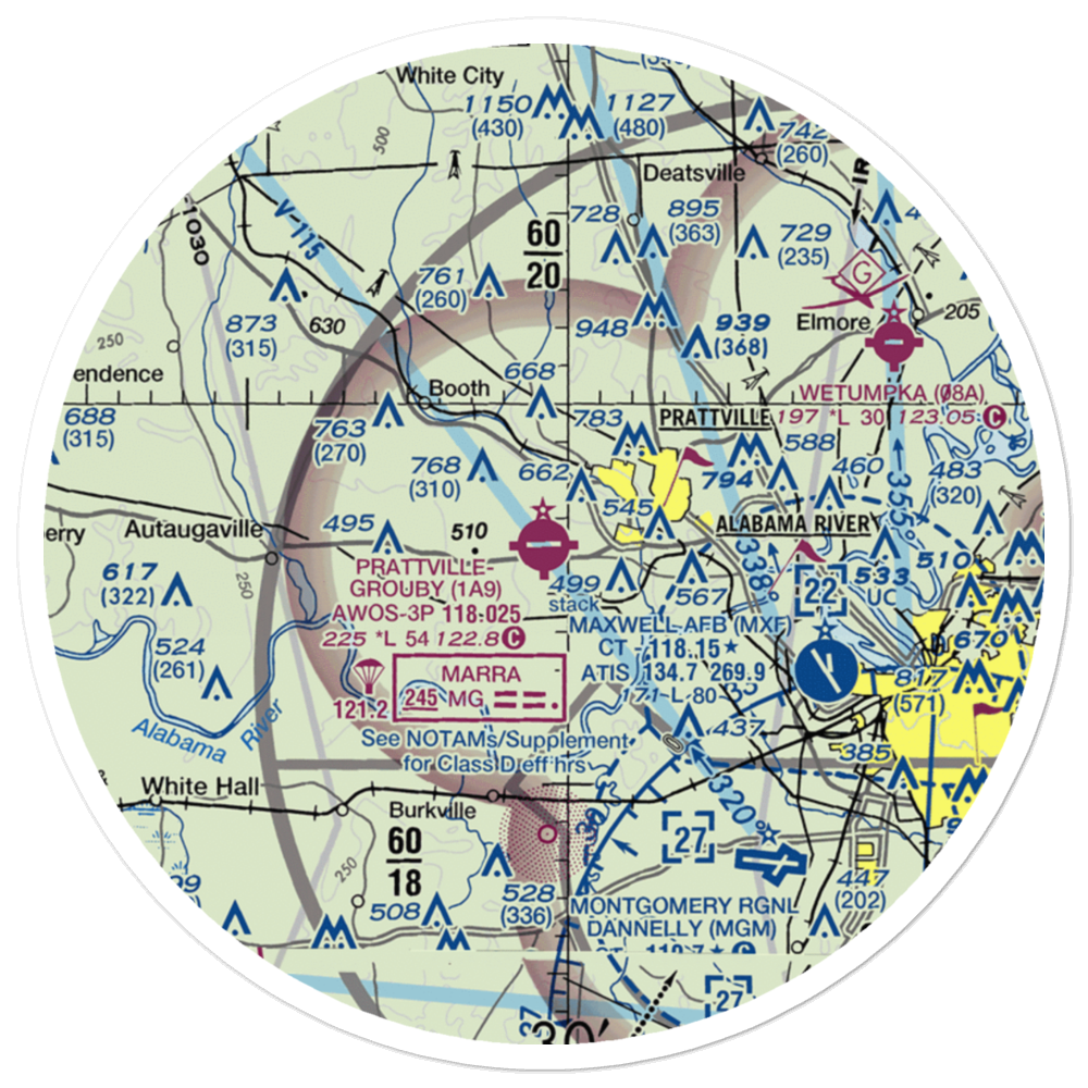 Prattville - Grouby Field (1A9) VFR Sectional Sticker (30 mile) 