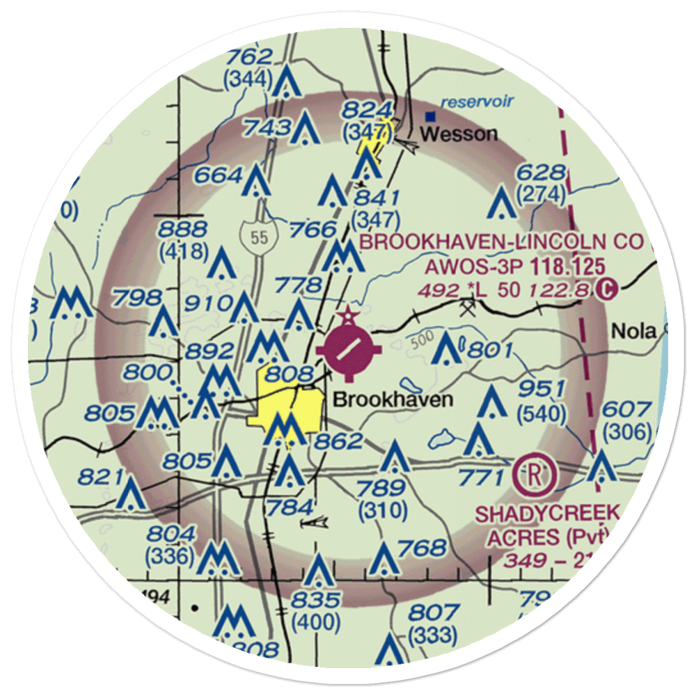 Brookhaven-Lincoln County Airport (1R7) VFR Sectional Sticker (20 mile) 