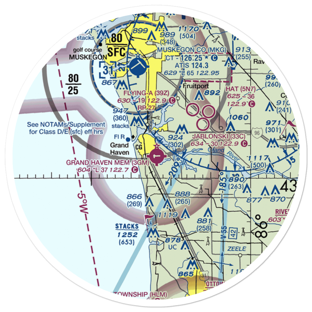 Grand Haven Memorial Airpark (3GM) VFR Sectional Sticker (30 mile) 