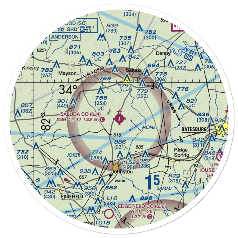 Saluda County Airport (6J4) VFR Sectional Sticker (30 mile) 
