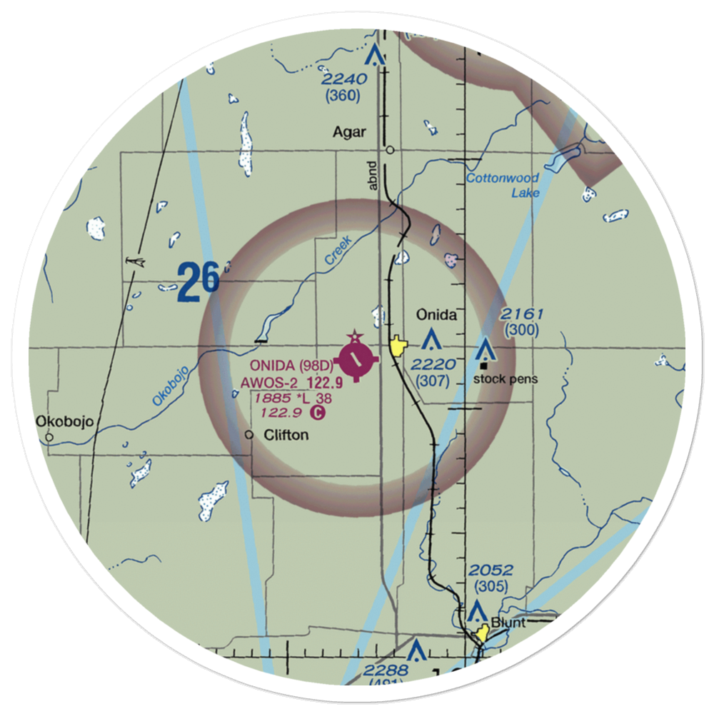 Onida Municipal Airport (98D) VFR Sectional Sticker (30 mile) 