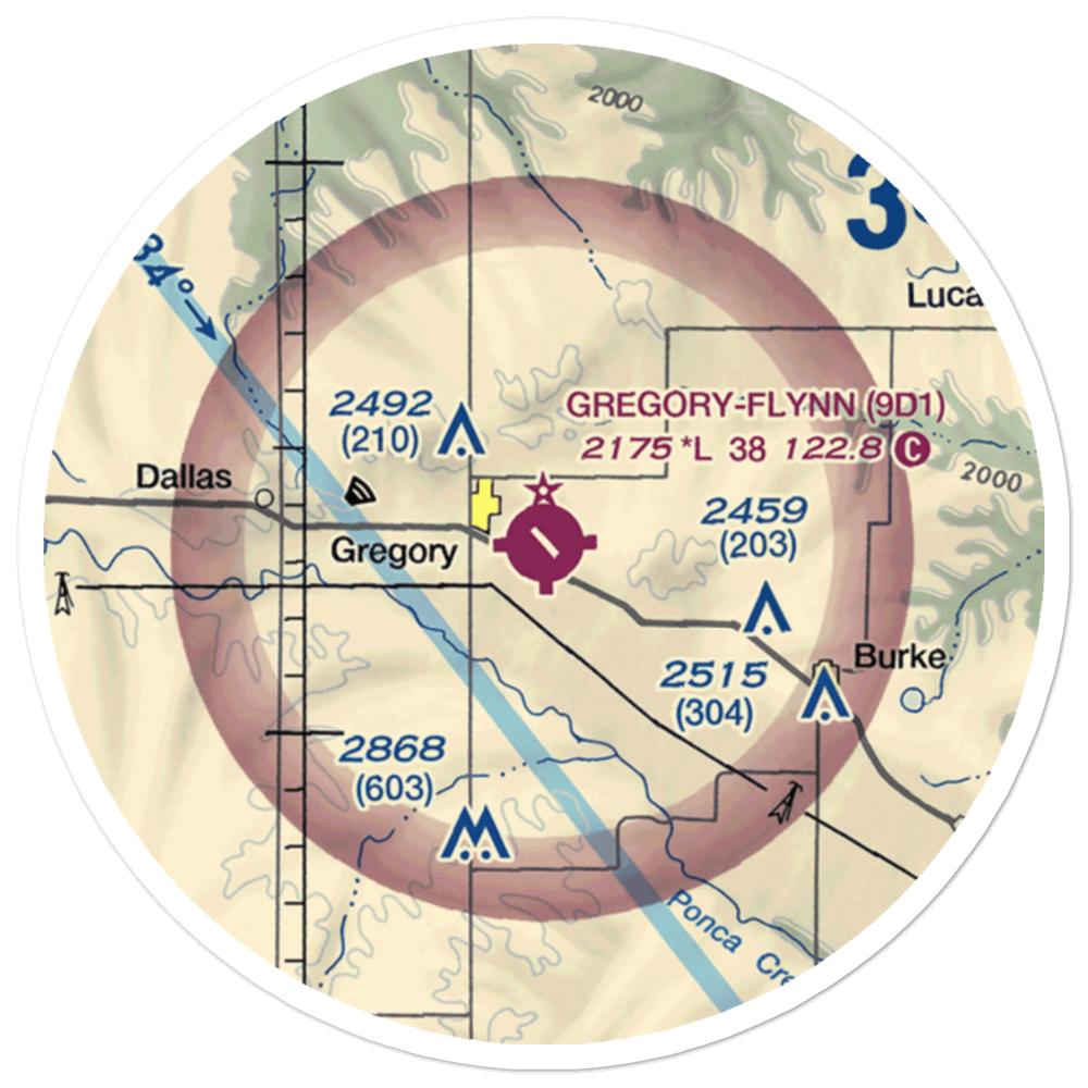 Gregory Municipal Airport - Flynn Field (9D1) VFR Sectional Sticker (20 mile) 