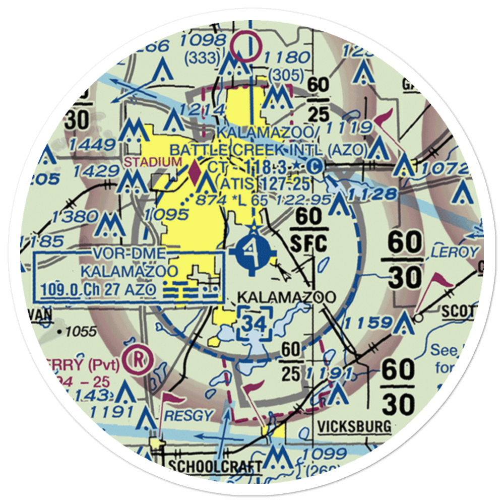 Kalamazoo Battle Creek International Airport (AZO) VFR Sectional Sticker (20 mile) 