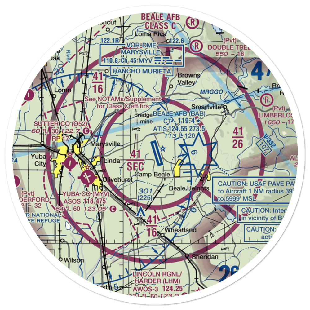 Beale Air Force Base (BAB) VFR Sectional Sticker (30 mile) 