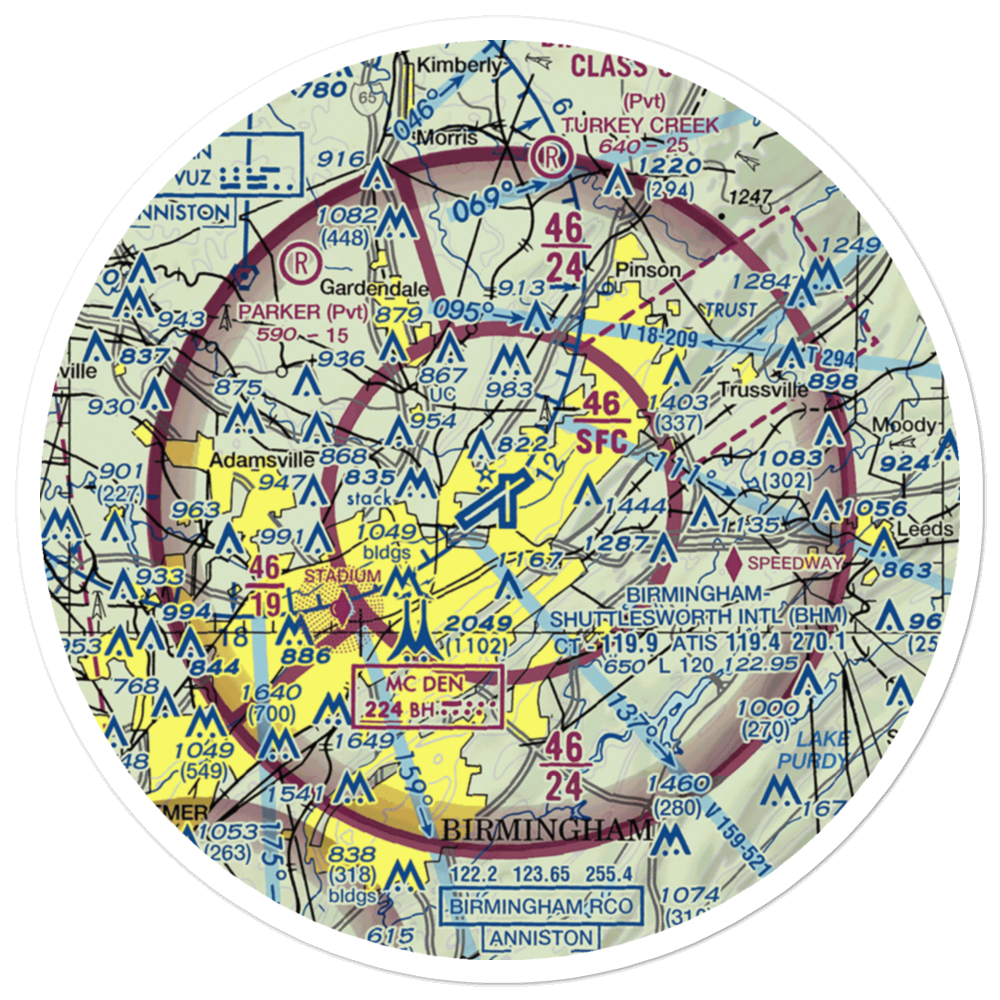 Birmingham-Shuttlesworth International Airport (BHM) VFR Sectional Sticker (30 mile) 