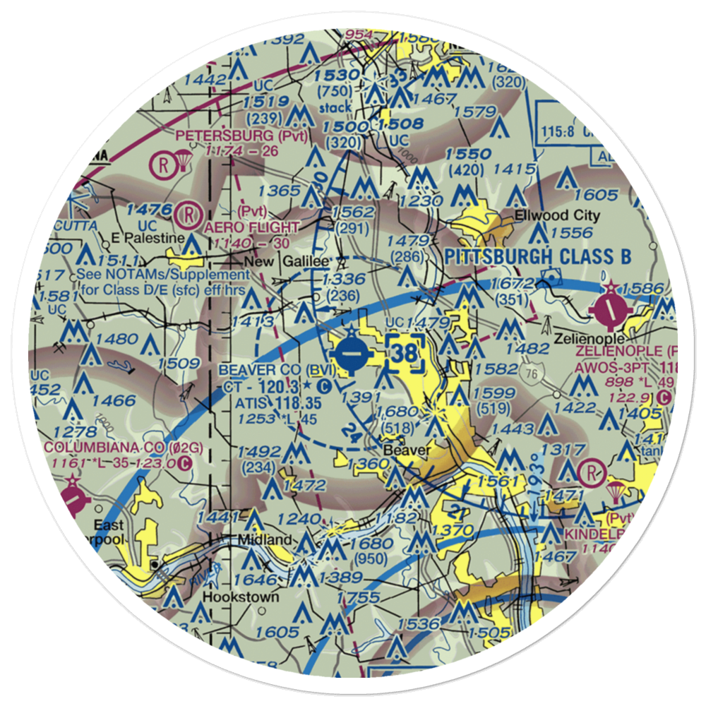 Beaver County Airport (BVI) VFR Sectional Sticker (30 mile) 