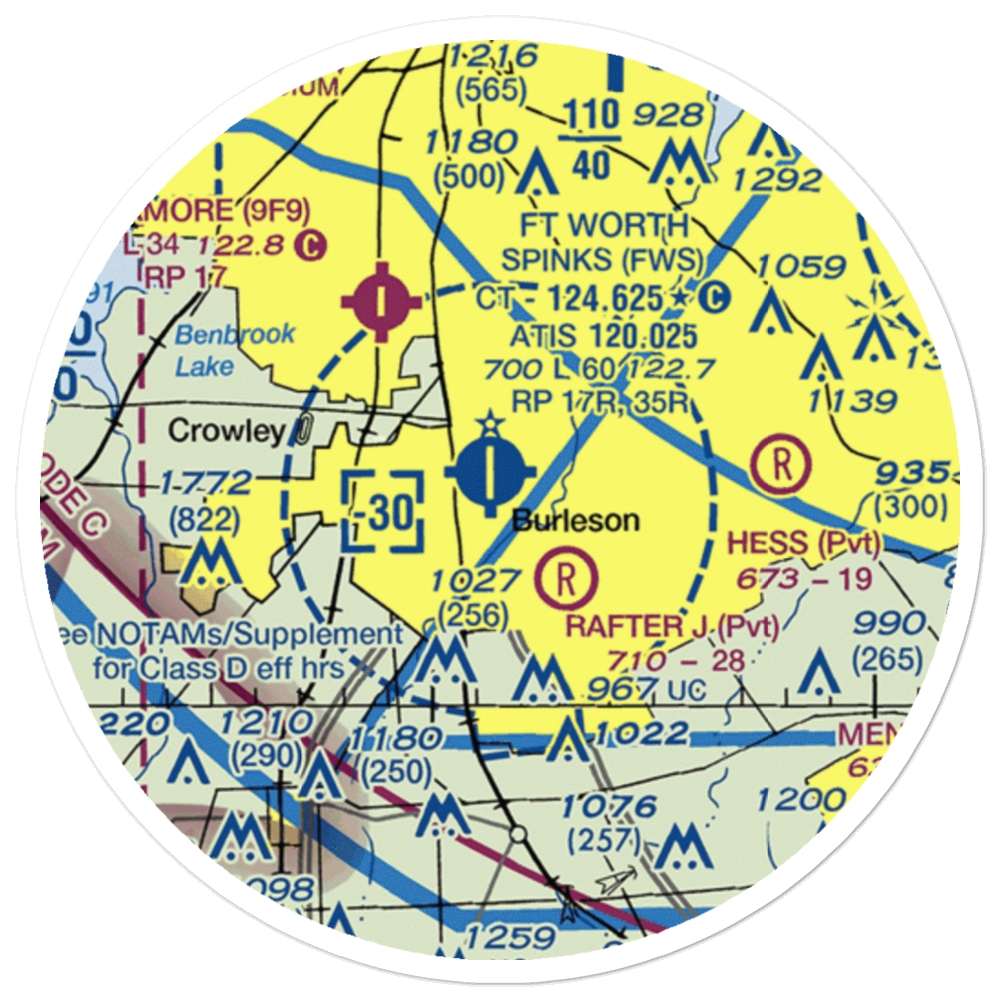 Fort Worth Spinks Airport (FWS) VFR Sectional Sticker (20 mile) 