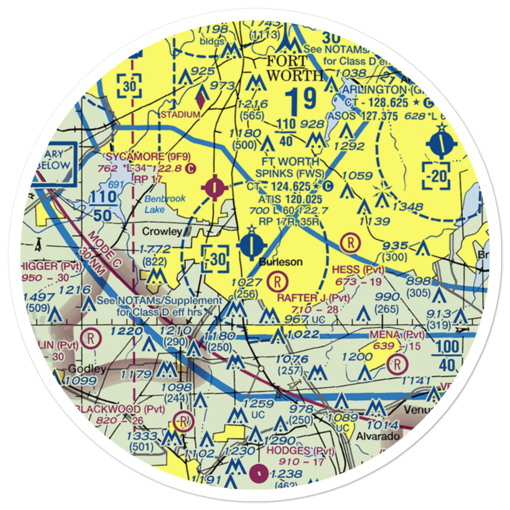 Fort Worth Spinks Airport (FWS) VFR Sectional Sticker (30 mile) 