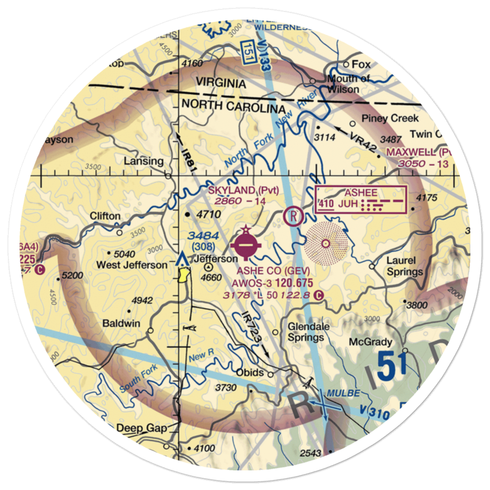 Ashe County Airport (GEV) VFR Sectional Sticker (30 mile) 